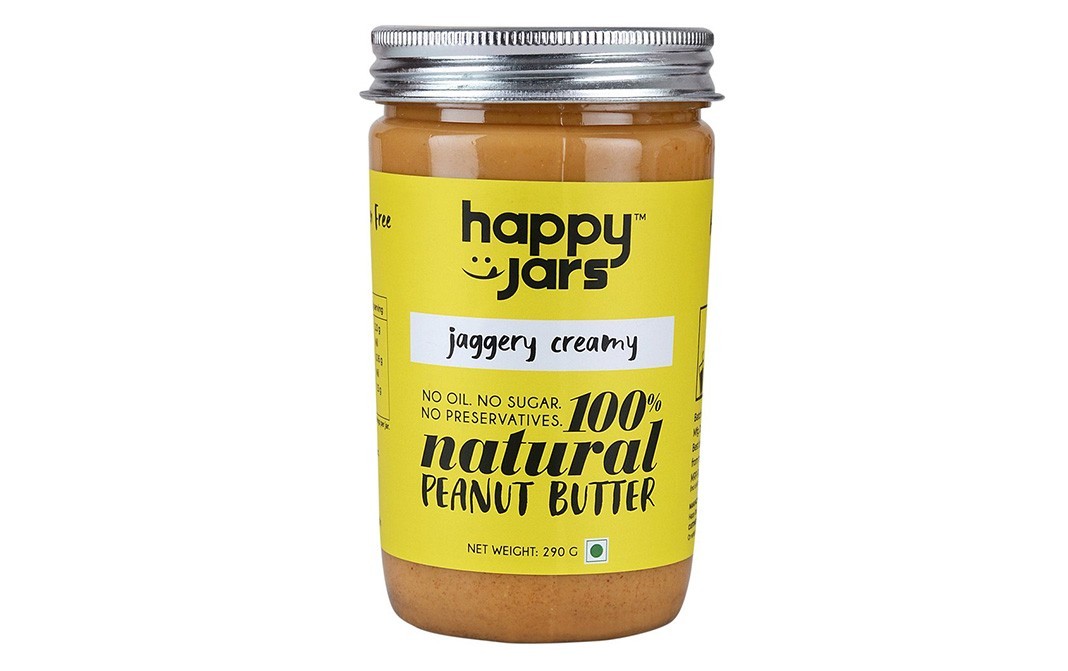 Happy Jars Jaggery Creamy 100% Natural Peanut Butter   Glass Jar  290 grams